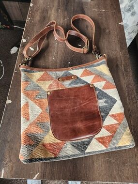 Myra Bag Leather-Pocket Geometric Crossbody in Tan, Orange, Gray